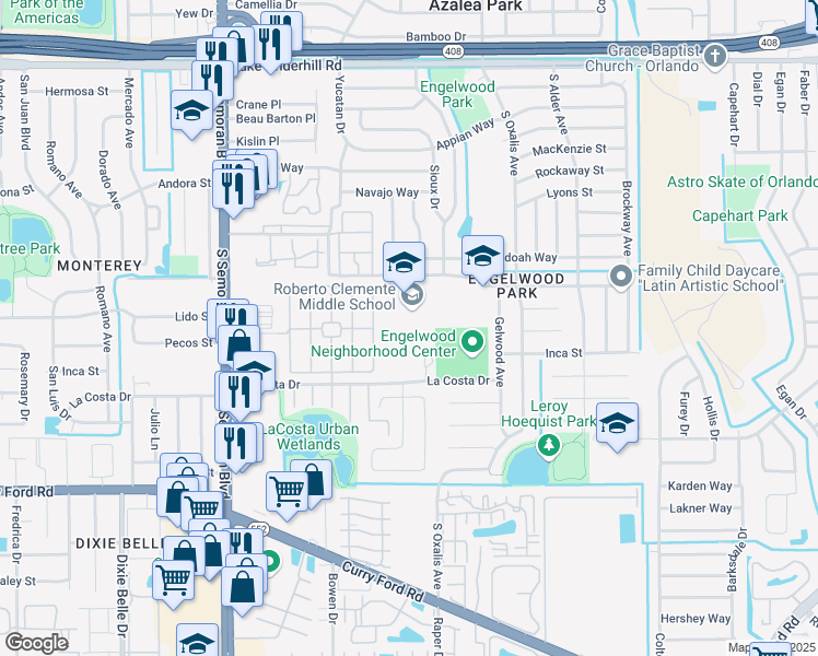 map of restaurants, bars, coffee shops, grocery stores, and more near 6000 Roberto Clemente Road in Orlando