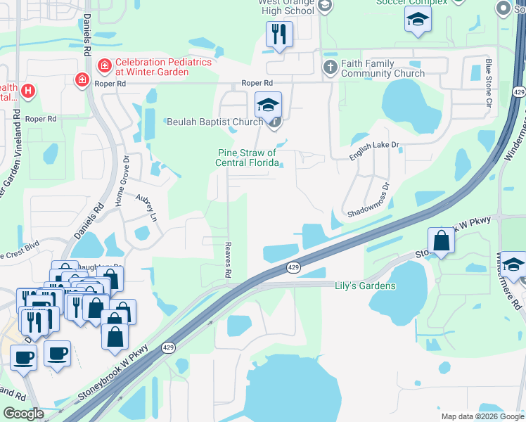 map of restaurants, bars, coffee shops, grocery stores, and more near 12995 Reaves Road in Winter Garden
