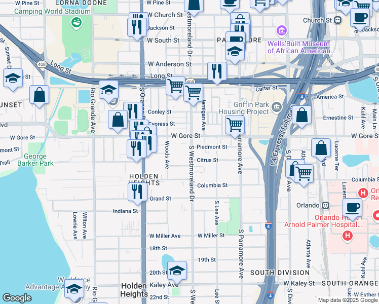 map of restaurants, bars, coffee shops, grocery stores, and more near 1010 South Westmoreland Drive in Orlando