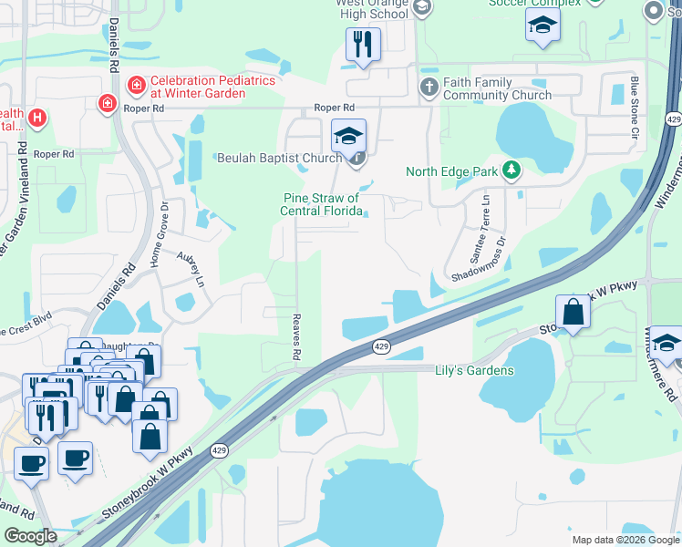 map of restaurants, bars, coffee shops, grocery stores, and more near 12995 Reaves Road in Winter Garden