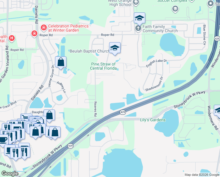 map of restaurants, bars, coffee shops, grocery stores, and more near 12995 Reaves Road in Winter Garden
