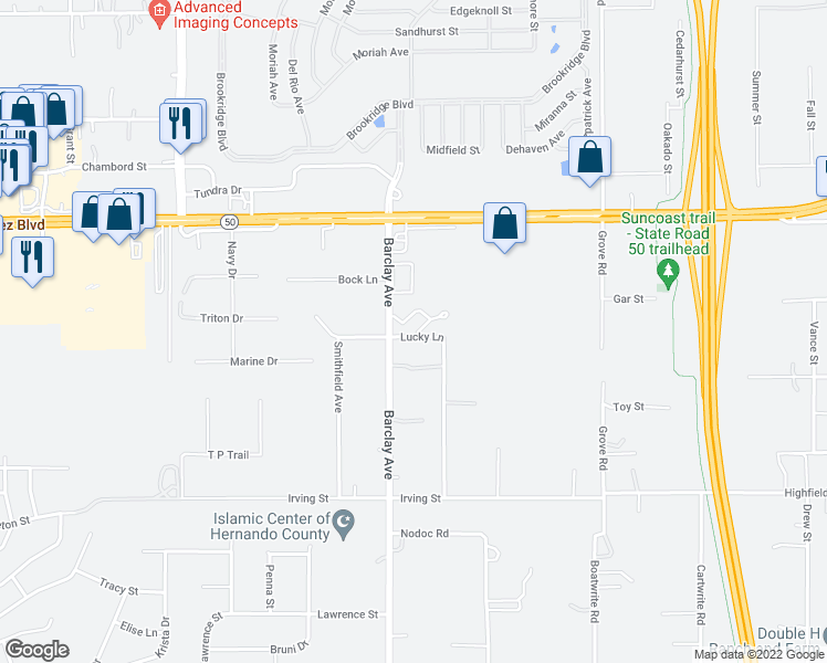 map of restaurants, bars, coffee shops, grocery stores, and more near 7096 Lucky Lane in Spring Hill
