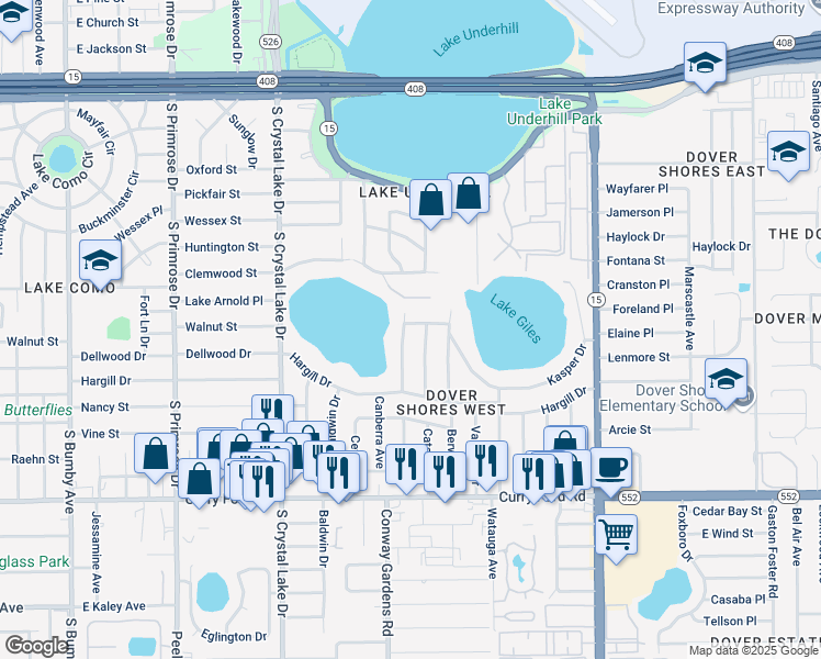 map of restaurants, bars, coffee shops, grocery stores, and more near 1002 Strathmore Drive in Orlando