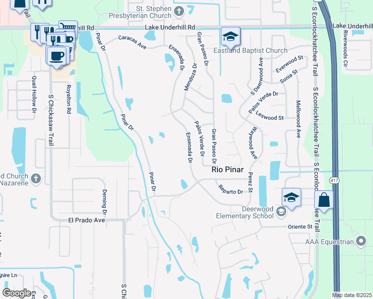 map of restaurants, bars, coffee shops, grocery stores, and more near 1306 Ensenada Drive in Orlando