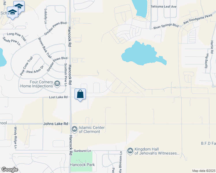 map of restaurants, bars, coffee shops, grocery stores, and more near 12626 Hancock Road in Clermont