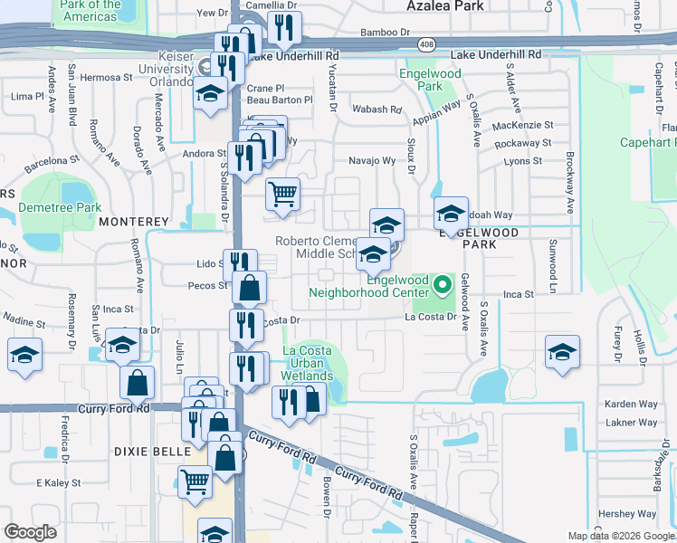 map of restaurants, bars, coffee shops, grocery stores, and more near 1069 Mancha Real Drive in Orlando