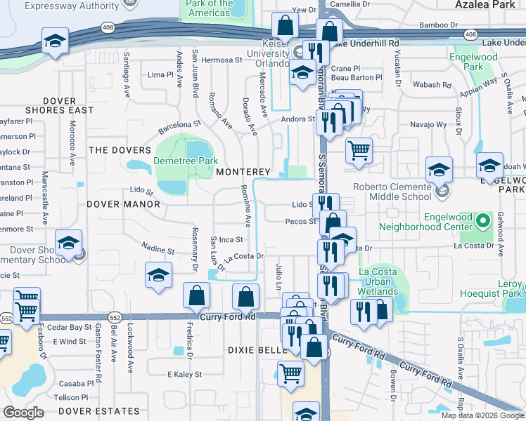 map of restaurants, bars, coffee shops, grocery stores, and more near 5520 Lido Street in Orlando