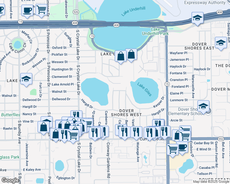 map of restaurants, bars, coffee shops, grocery stores, and more near 1002 Strathmore Drive in Orlando