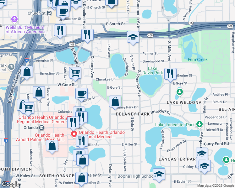 map of restaurants, bars, coffee shops, grocery stores, and more near 417 Richmond Street in Orlando