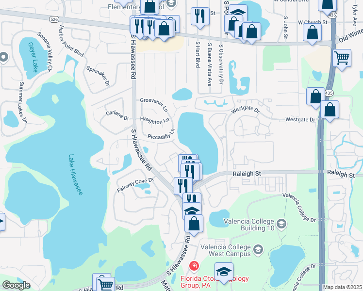 map of restaurants, bars, coffee shops, grocery stores, and more near 1065 South Hiawassee Road in Orlando