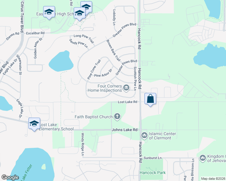 map of restaurants, bars, coffee shops, grocery stores, and more near 12411 Scottish Pine Lane in Clermont