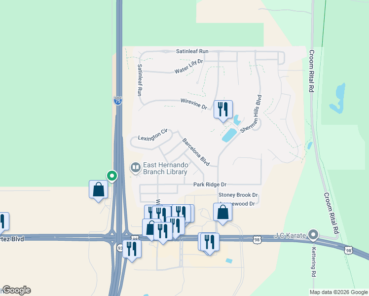 map of restaurants, bars, coffee shops, grocery stores, and more near 7041 Windmere Road in Brooksville