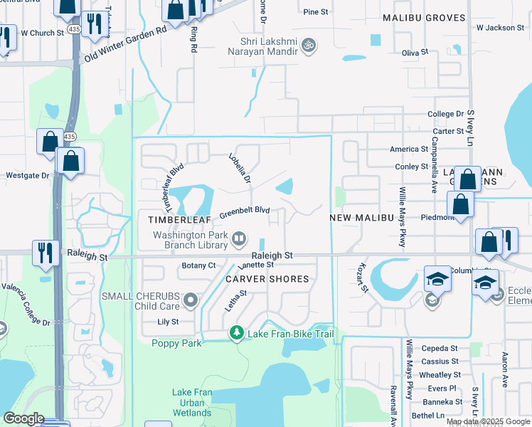 map of restaurants, bars, coffee shops, grocery stores, and more near 900 Loquat Tree Road in Orlando