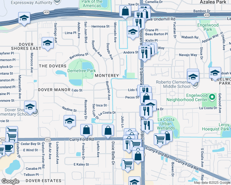 map of restaurants, bars, coffee shops, grocery stores, and more near 5520 Lido Street in Orlando