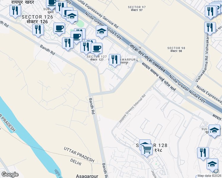 map of restaurants, bars, coffee shops, grocery stores, and more near 15a Bandh Road in Noida