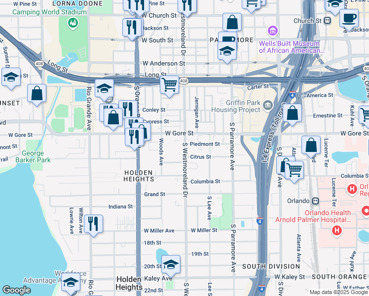 map of restaurants, bars, coffee shops, grocery stores, and more near 1010 South Westmoreland Drive in Orlando