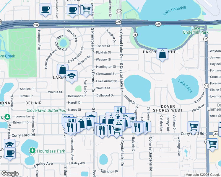map of restaurants, bars, coffee shops, grocery stores, and more near 3008 Walnut Street in Orlando