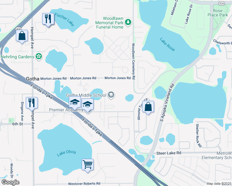 map of restaurants, bars, coffee shops, grocery stores, and more near 9155 Gotha Road in Windermere