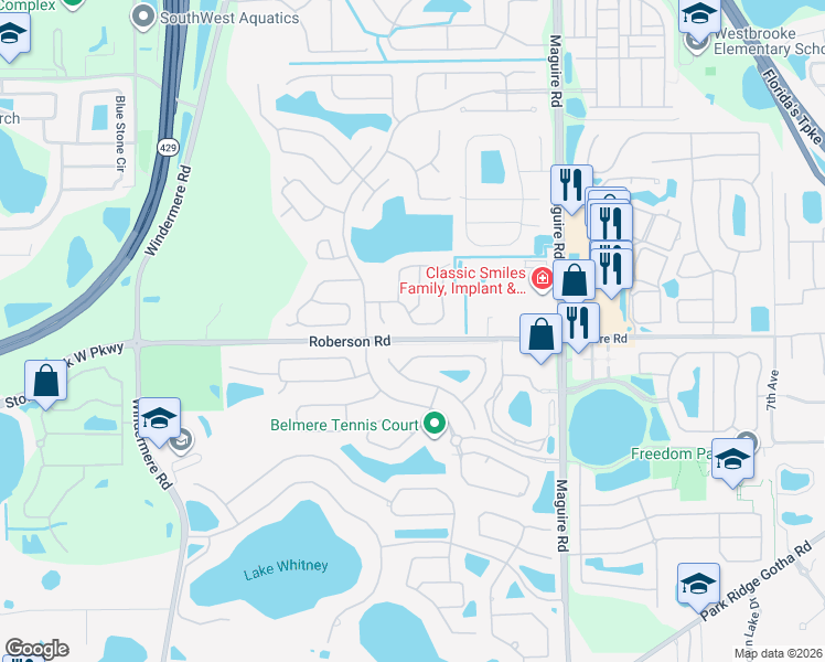 map of restaurants, bars, coffee shops, grocery stores, and more near 280 Longhirst Loop in Ocoee