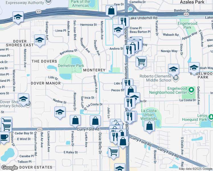 map of restaurants, bars, coffee shops, grocery stores, and more near 5520 Lido Street in Orlando