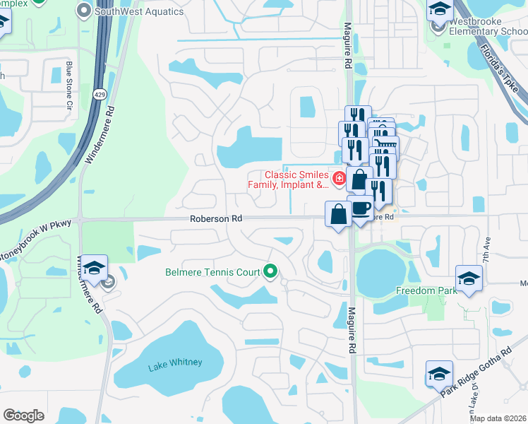 map of restaurants, bars, coffee shops, grocery stores, and more near 280 Longhirst Loop in Ocoee