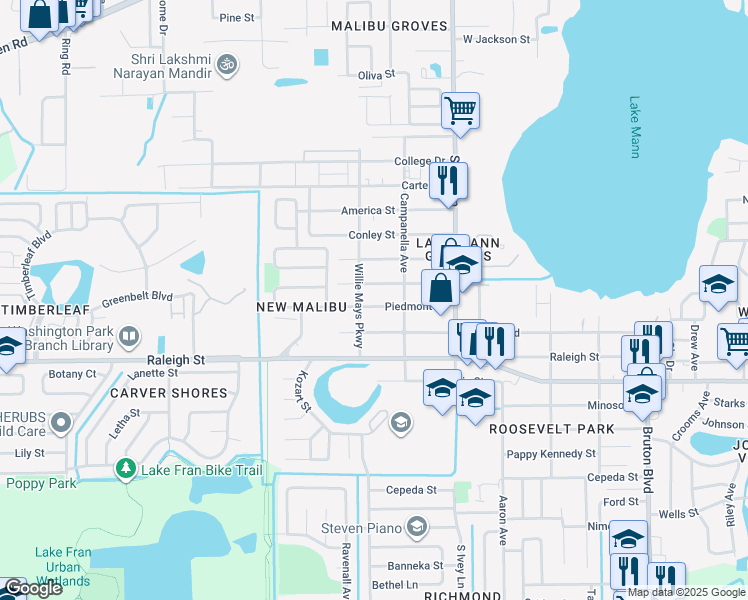 map of restaurants, bars, coffee shops, grocery stores, and more near 4547 Piedmont Street in Orlando