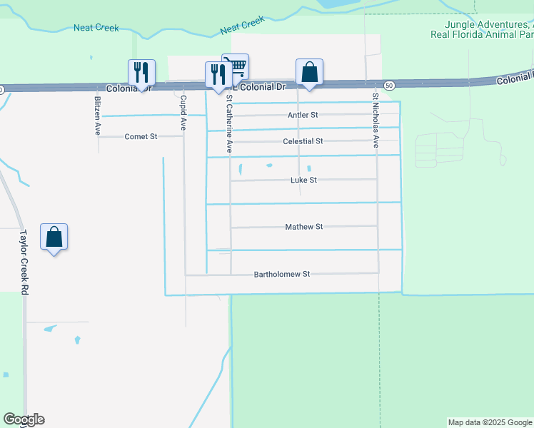 map of restaurants, bars, coffee shops, grocery stores, and more near 25113 Mathew St in Christmas
