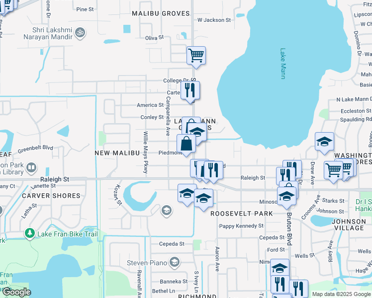 map of restaurants, bars, coffee shops, grocery stores, and more near 4409 Piedmont Street in Orlando