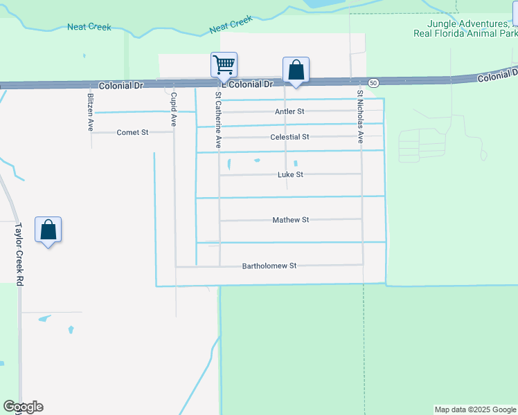 map of restaurants, bars, coffee shops, grocery stores, and more near 25113 Mathew Street in Christmas
