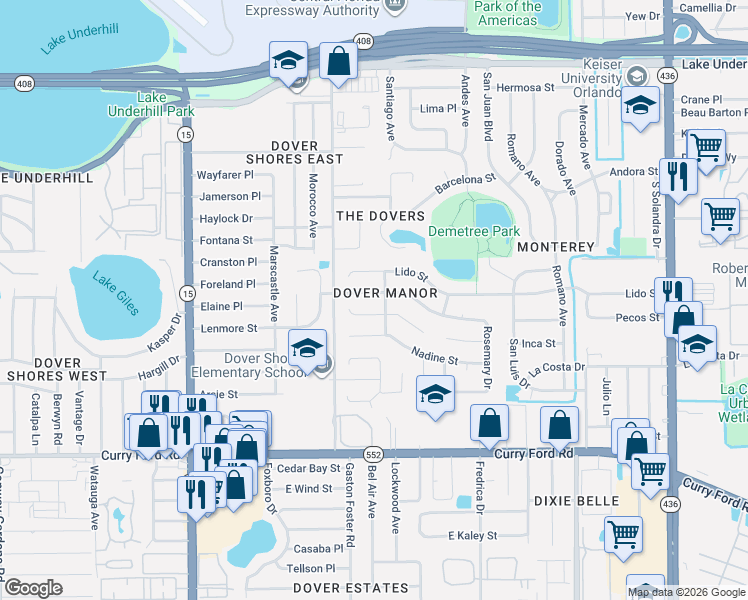 map of restaurants, bars, coffee shops, grocery stores, and more near 5100 Andrea Boulevard in Orlando