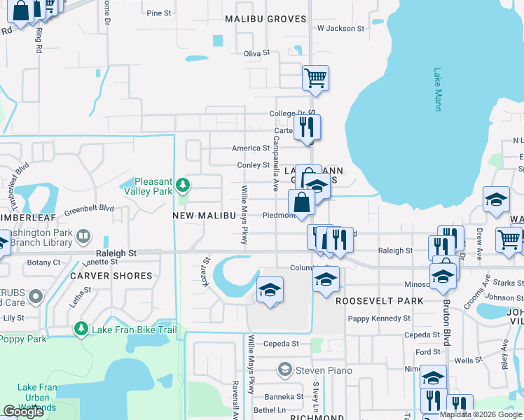 map of restaurants, bars, coffee shops, grocery stores, and more near 4547 Piedmont Street in Orlando