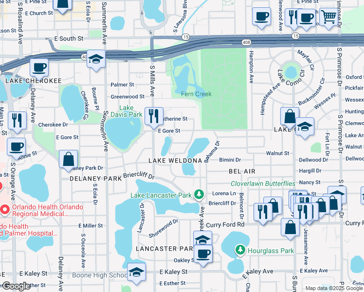 map of restaurants, bars, coffee shops, grocery stores, and more near 1420 Beaver Street in Orlando