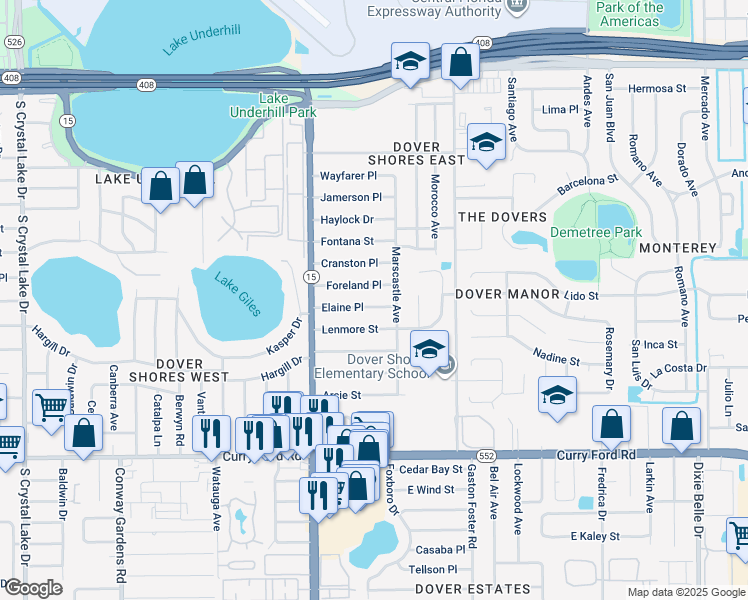 map of restaurants, bars, coffee shops, grocery stores, and more near 4621 Elaine Place in Orlando