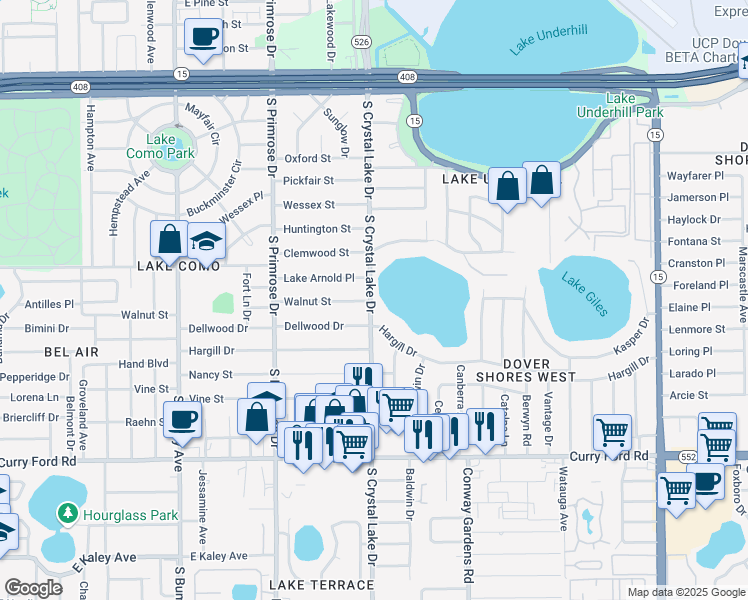 map of restaurants, bars, coffee shops, grocery stores, and more near 925 South Crystal Lake Drive in Orlando