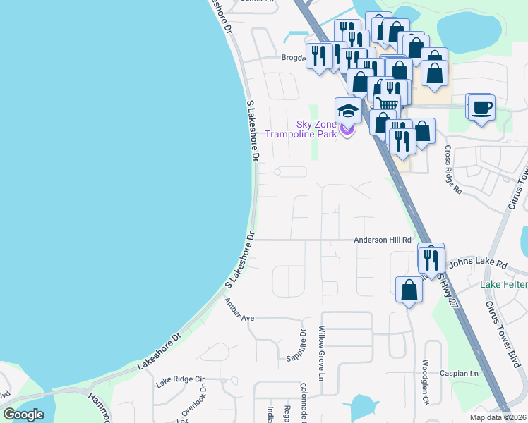 map of restaurants, bars, coffee shops, grocery stores, and more near 12550 Lakeshore Drive in Clermont