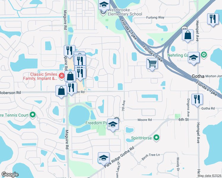 map of restaurants, bars, coffee shops, grocery stores, and more near 540 Goldenmoss Loop in Ocoee