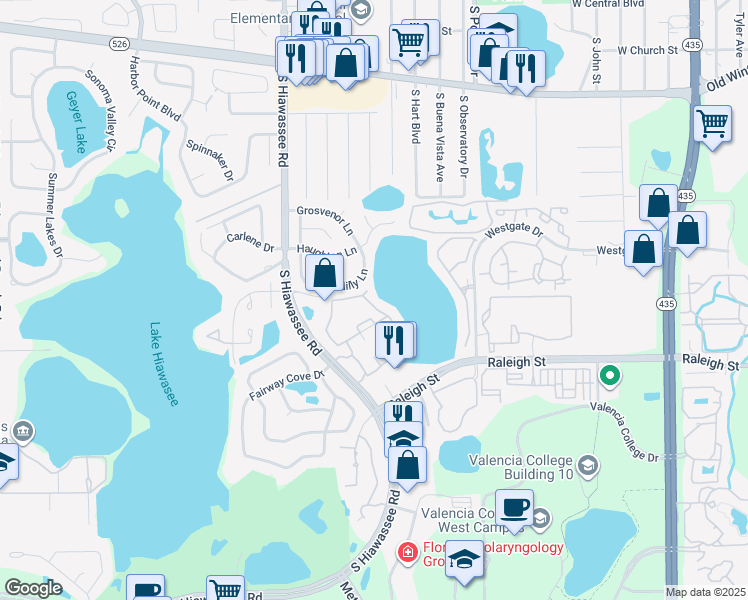 map of restaurants, bars, coffee shops, grocery stores, and more near 1043 South Hiawassee Road in Orlando