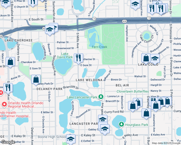 map of restaurants, bars, coffee shops, grocery stores, and more near 1420 Beaver Street in Orlando