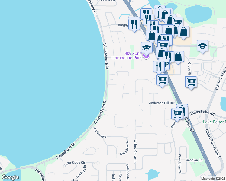 map of restaurants, bars, coffee shops, grocery stores, and more near 12550 Lakeshore Drive in Clermont