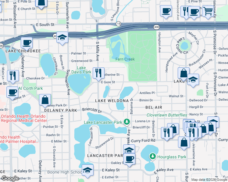map of restaurants, bars, coffee shops, grocery stores, and more near 1420 Beaver Street in Orlando