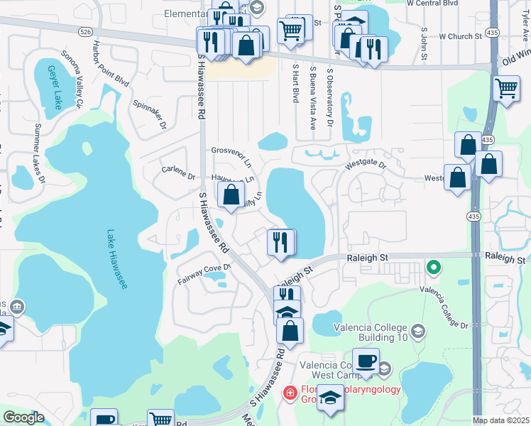 map of restaurants, bars, coffee shops, grocery stores, and more near 1043 South Hiawassee Road in Orlando