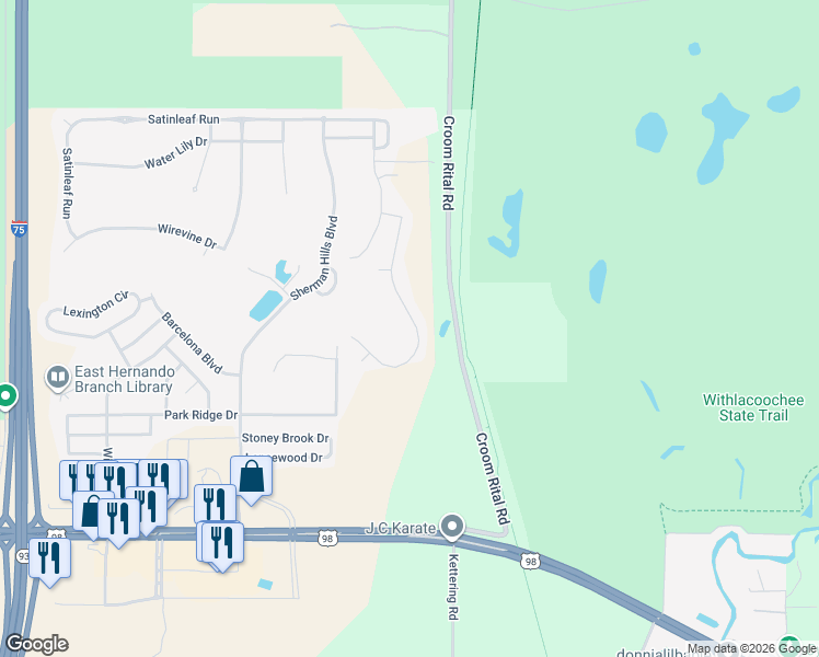 map of restaurants, bars, coffee shops, grocery stores, and more near 6555 Redbay Drive in Brooksville
