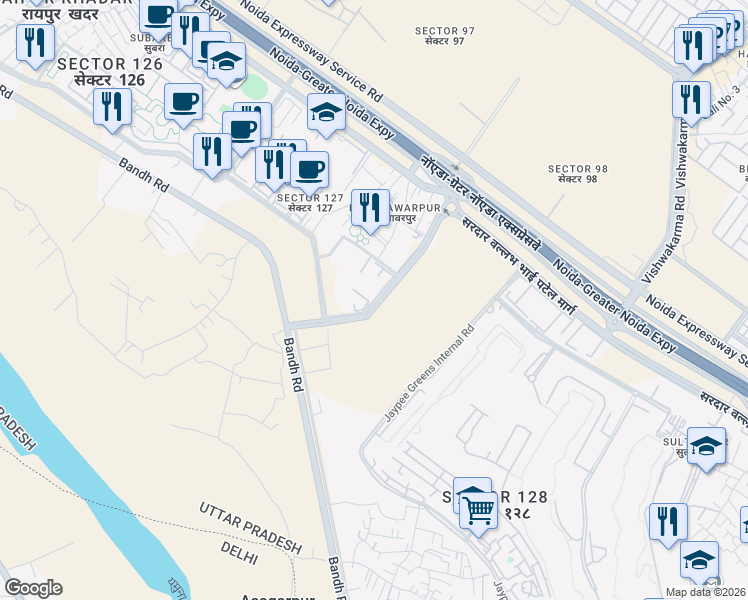 map of restaurants, bars, coffee shops, grocery stores, and more near 15a Bandh Road in Noida