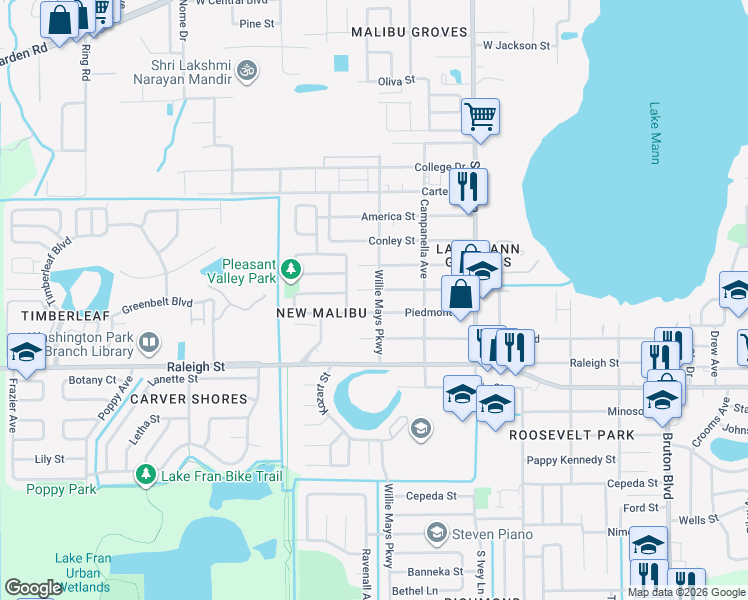 map of restaurants, bars, coffee shops, grocery stores, and more near 4547 Piedmont Street in Orlando