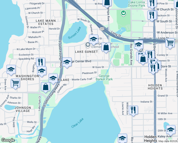 map of restaurants, bars, coffee shops, grocery stores, and more near 2215 Piedmont Street in Orlando