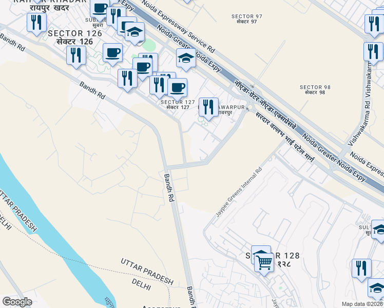 map of restaurants, bars, coffee shops, grocery stores, and more near in Noida
