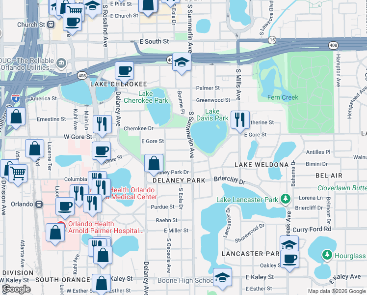 map of restaurants, bars, coffee shops, grocery stores, and more near 609 Richmond Street in Orlando