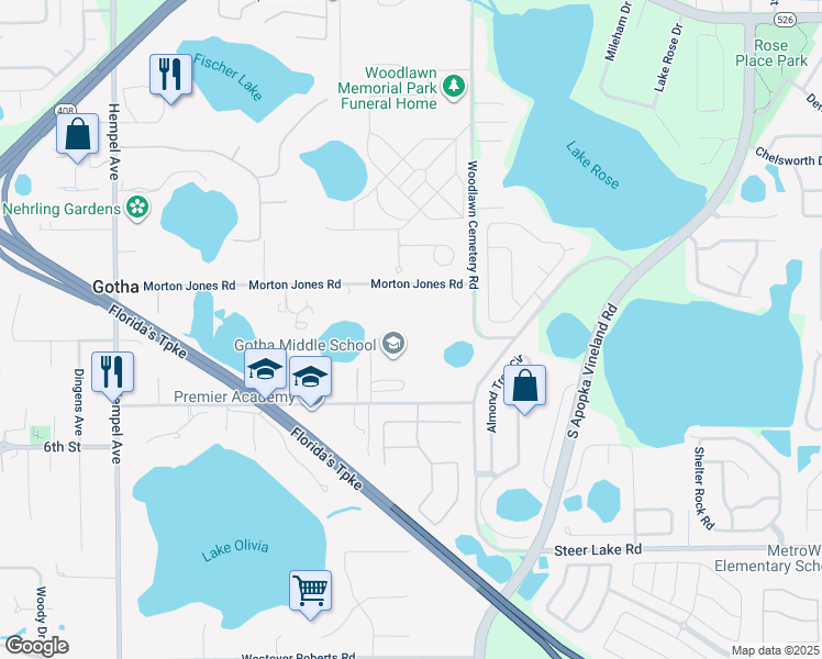 map of restaurants, bars, coffee shops, grocery stores, and more near 9155 Gotha Road in Windermere