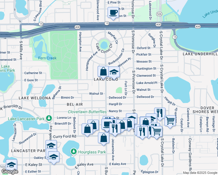 map of restaurants, bars, coffee shops, grocery stores, and more near 2450 East Gore Street in Orlando