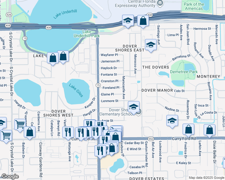 map of restaurants, bars, coffee shops, grocery stores, and more near 4621 Elaine Place in Orlando